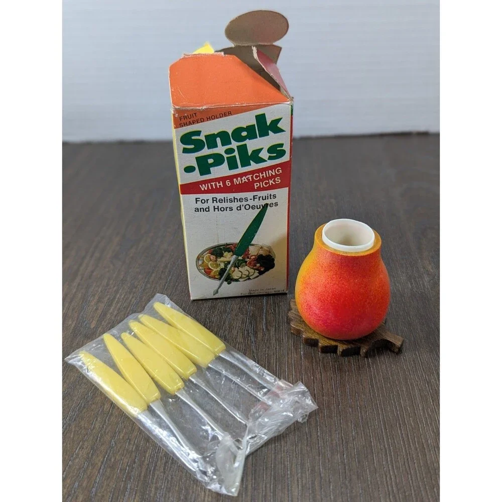 VTG Snak Piks Appetizer Picks and Holder Yellow Orange Ombre Retro MCM 60s 70s